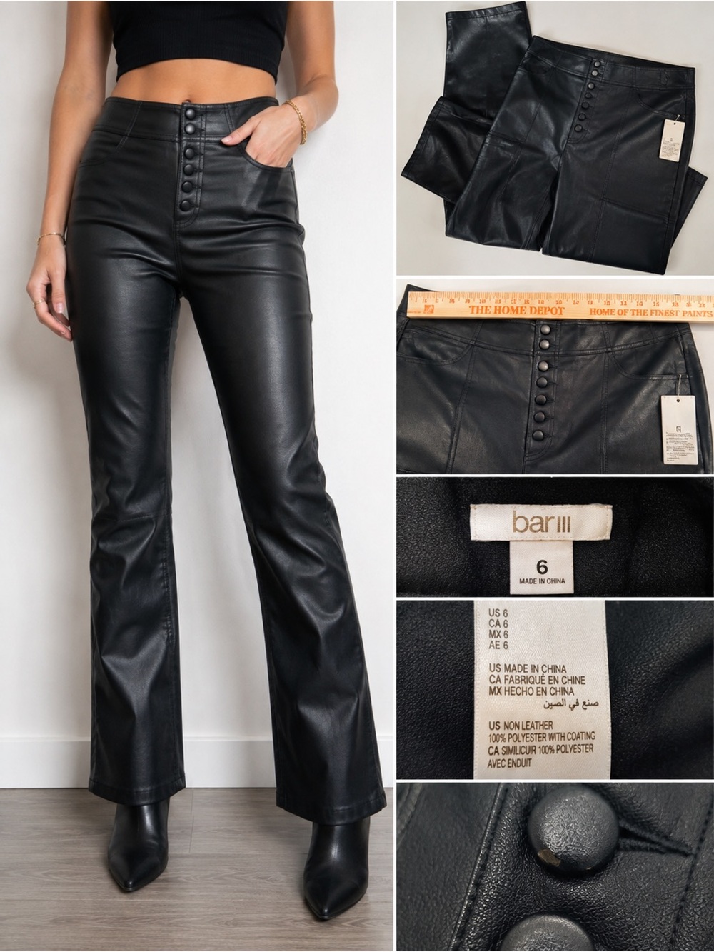 Bar III Black Faux Leather High-Rise Flare Pants size 6